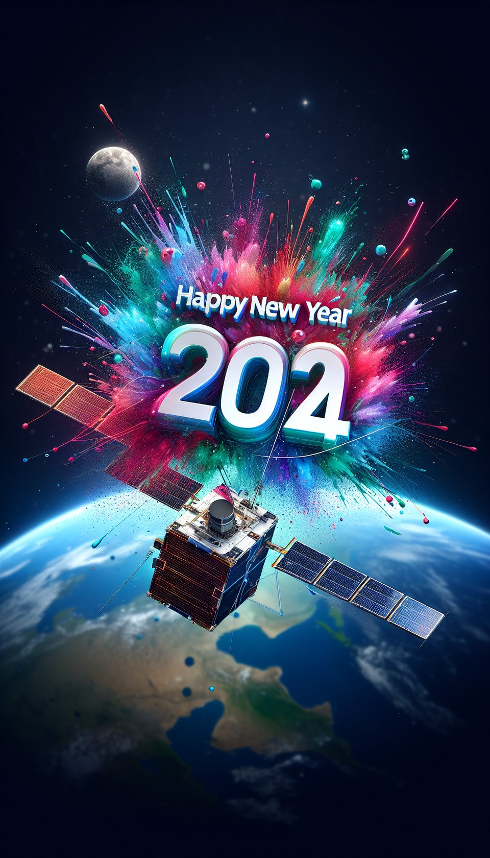 Text Happy New Year 2024 3d colourful splash with space background 1U Cube Satellite without solar panel in Low Earth Orbit (ITCA Space-Team) text effect image