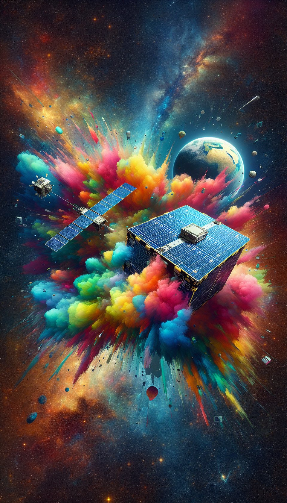 Text background 3d colorful splash with space background 1U Cube Satellite without solar panel in Low Earth Orbit,ITCA Space-Team text effect image