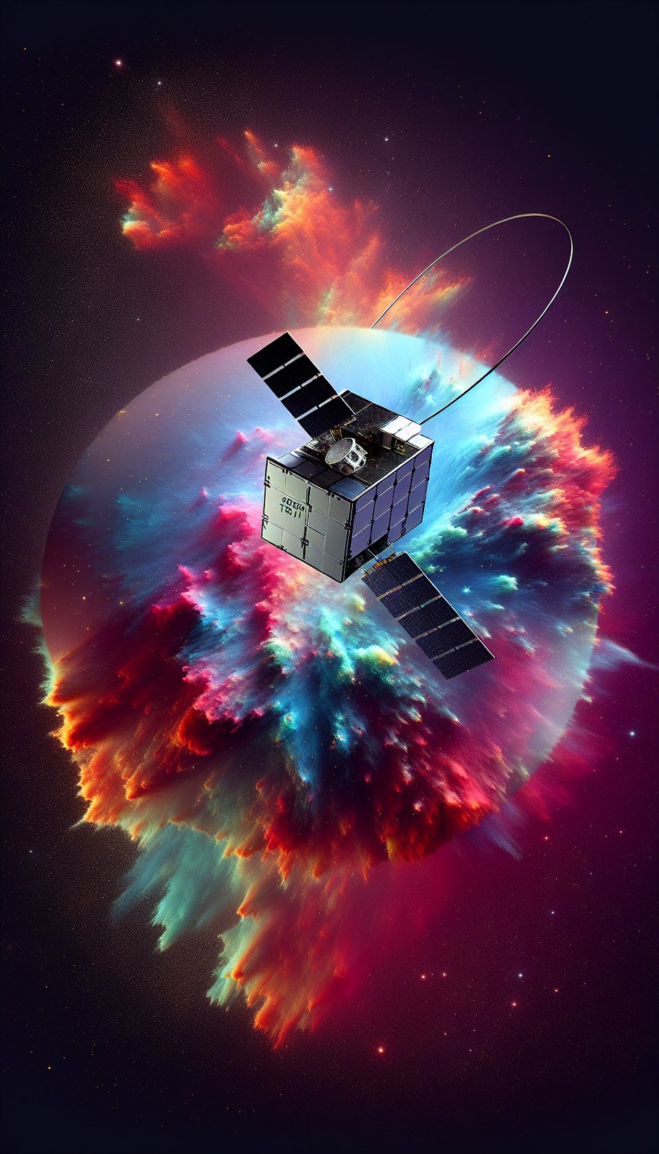 Text background 3d colorful splash with space background and constellation of 1U Cube Satellite without solar panel in Low Earth Orbit,ITCA Space-Team text effect image