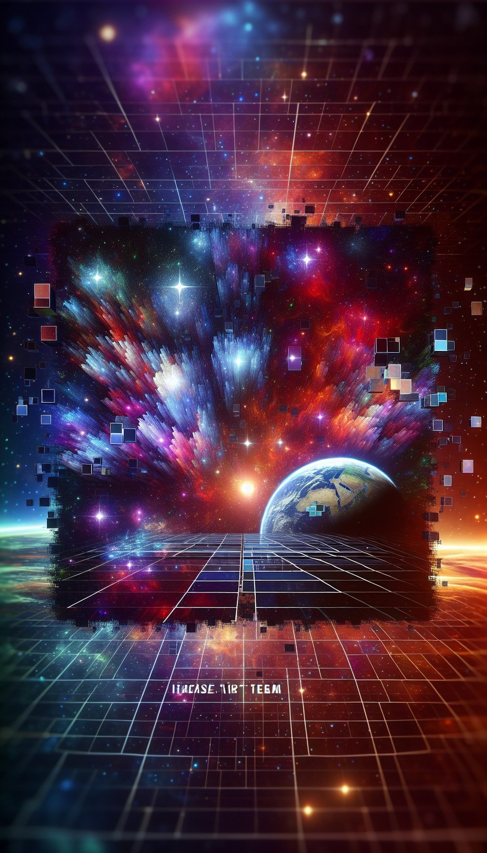 Text background 3d colorful splash with space background and constellation of 1U Cube Satellite (without solar panel) in Low Earth Orbit,Bottom Right side ITCA Space-Team text effect image