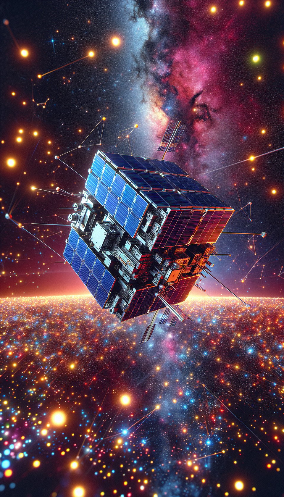 3d colorful space background and constellation of 1U Cube Satellite all sides fixed with solar panel in Low Earth Orbit text effect image