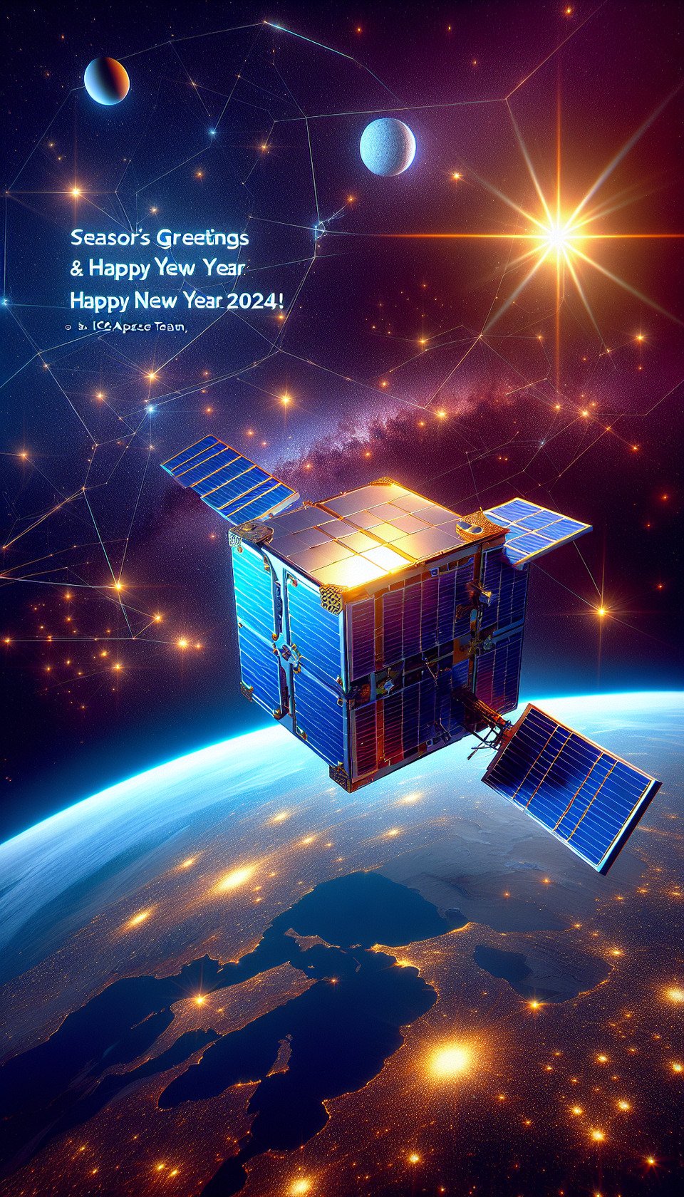 AI-generated image for our company: A 3D colorful space background featuring a constellation of 1U Cube Satellite measuring 10cm x 10cm x 10cmwith solar panels in a non-deployed position on all sidespositioned in Low Earth Orbit. Season's Greetings & Happy New Year 2024! Bottom right: ITCA Space-Team. text effect image
