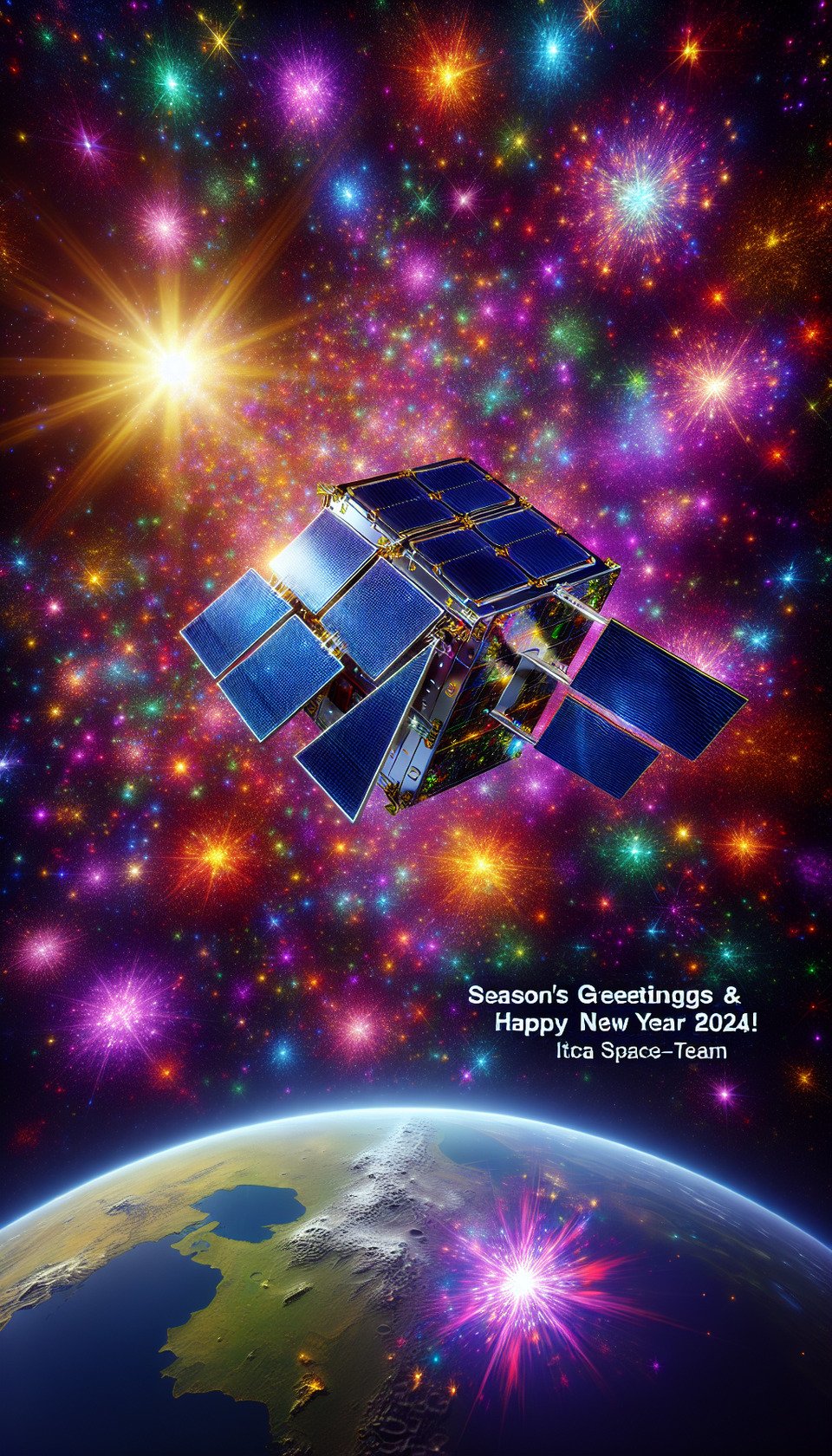 AI-generated image for our company: A 3D colorful space background featuring a constellation of 1U Cube Satellite measuring 10cm x 10cm x 10cmwith solar panels in a non-deployed position on all sidespositioned in Low Earth Orbit. Season's Greetings & Happy New Year 2024! Bottom right: ITCA Space-Team. text effect image
