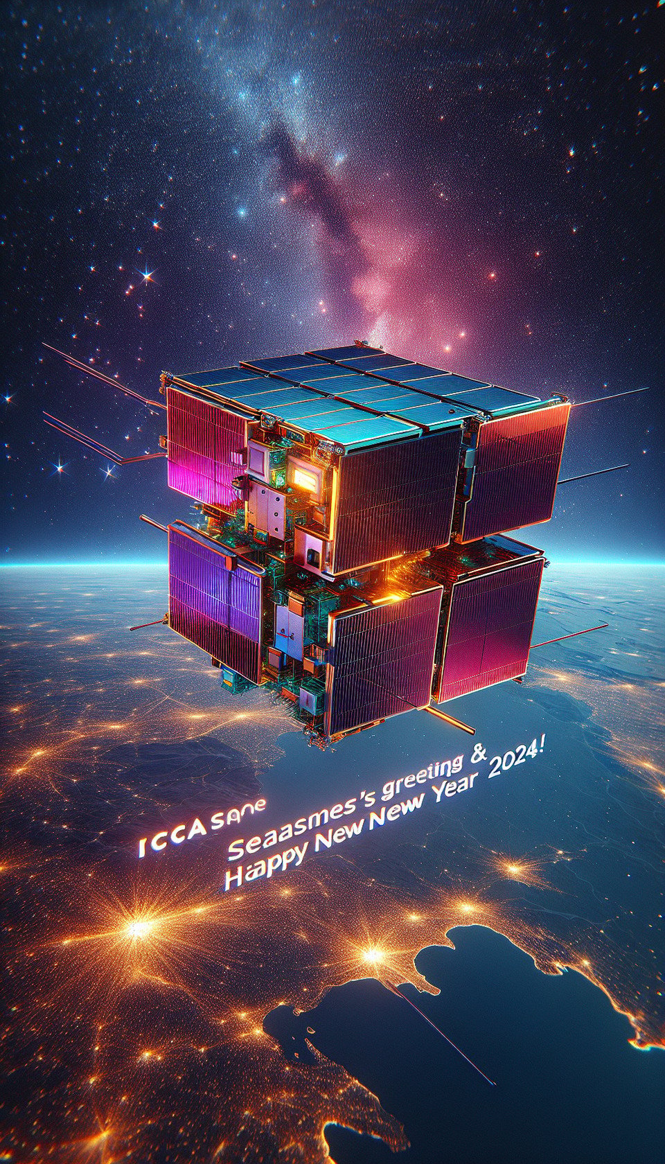 AI-generated image for our company: A 3D colorful splash text Season's Greetings & Happy New Year 2024! Bottom right: ITCA Space-Team. space background featuring a constellation of 1U Cube Satellite measuring 10cm x 10cm x 10cmwith solar panels in a non-deployed position on all sidespositioned in Low Earth Orbit. text effect image