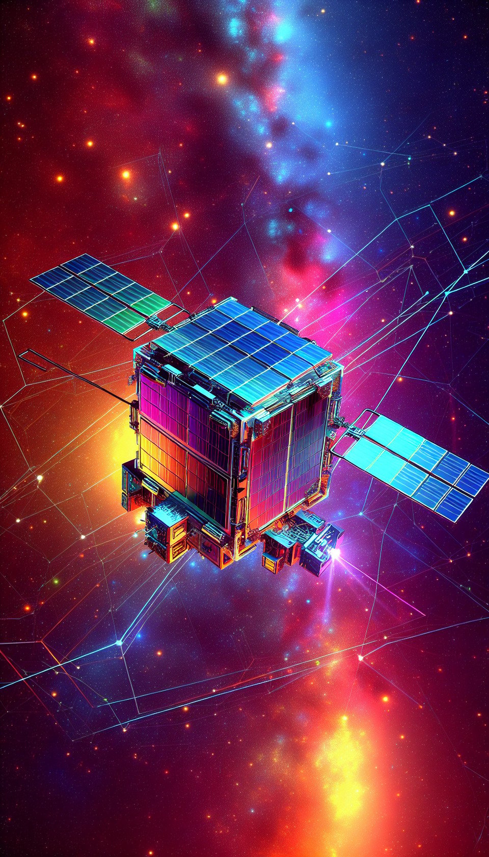 AI-generated image for our company: A 3D colorful splash space background featuring a constellation of 1U Cube Satellite measuring 10cm x 10cm x 10cmwith solar panels in a non-deployed position on all sidespositioned in Low Earth Orbit. text effect image