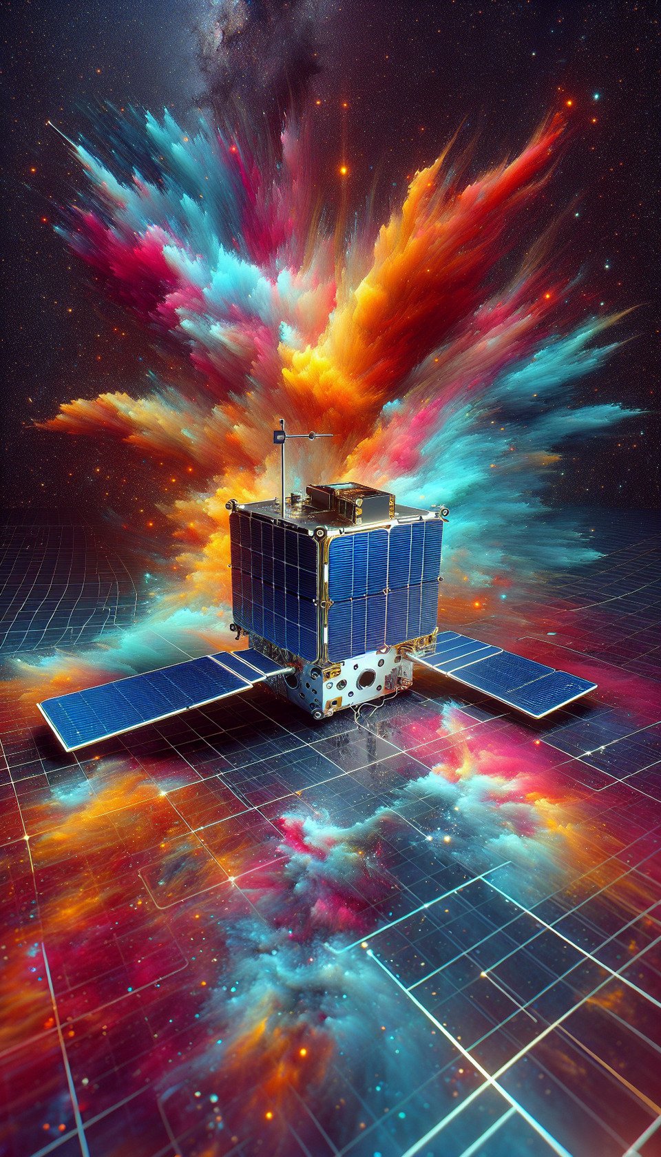 AI-generated image for our company: A 3D colorful splash space background featuring a constellation of 1U Cube Satellite measuring 10cm x 10cm x 10cmwithout solar panels in a non-deployed position on all sidespositioned in Low Earth Orbit. text effect image