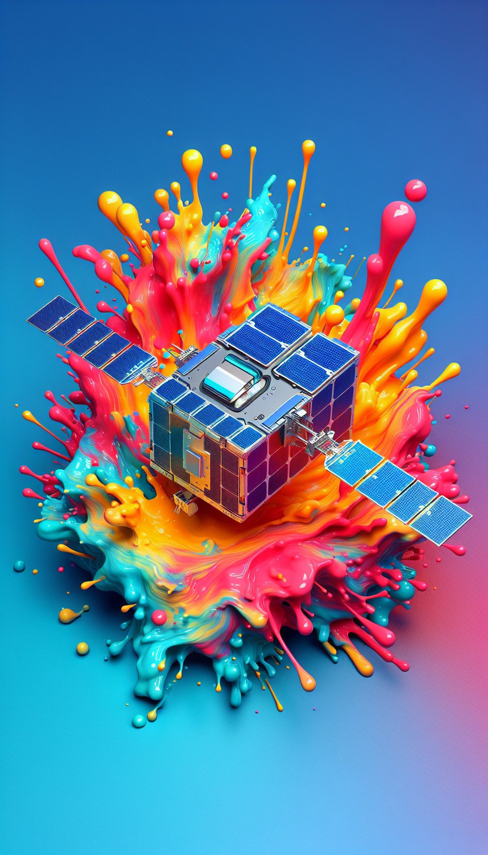 A 3D colorful splash background featuring a 1U Cube Satellite measuring 10cm x 10cm x 10cmwith solar panels in a non-deployed position on all sidespositioned in Low Earth Orbit. text effect image