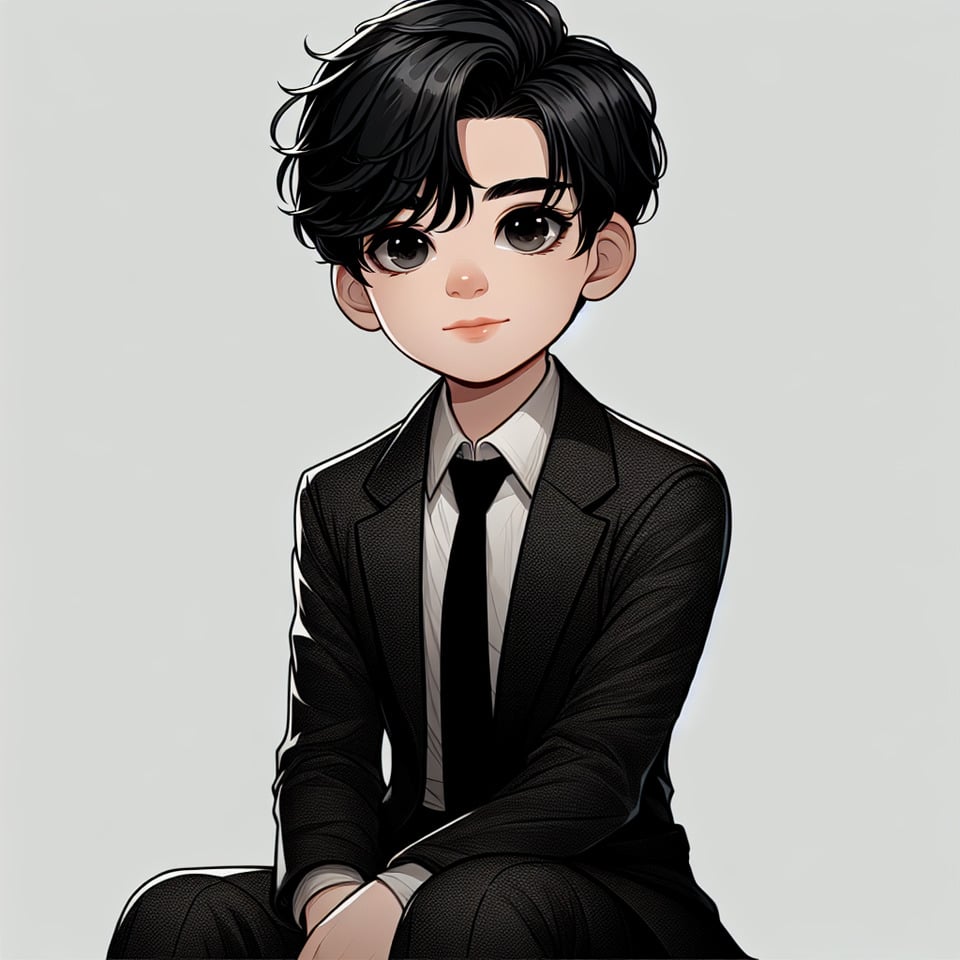 cartoon of a young Indian boy dressed in a suit with black hair sitting text effect image