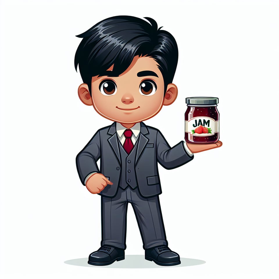 cartoon of a young Indian boy dressed in a suit with black hair standingpromoting jam. text effect image