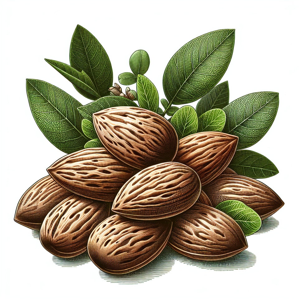 Illustration of group of almonds with leaves isolated on white background text effect image