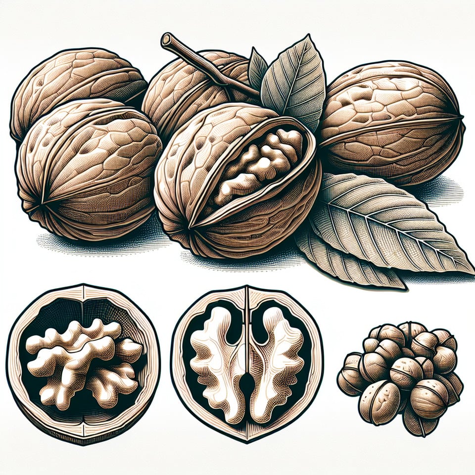 group of walnuts and a half broken showing inner part of it with leaf illustration isolated on white background text effect image
