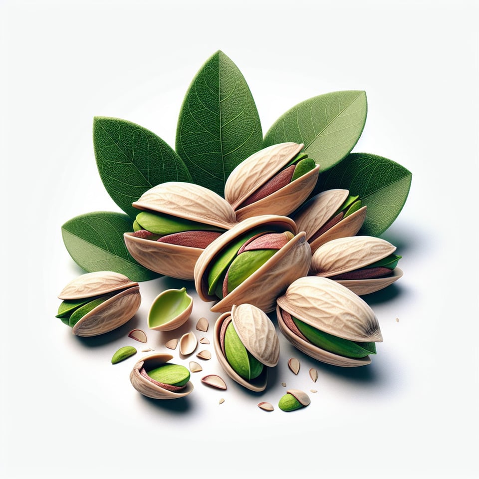 group of pistachio a half broken showing inner part of it with green leaf illustration isolated on white background text effect image