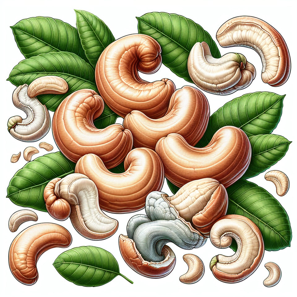 group of cashew a half broken showing inner part of it with green leaf illustration isolated on white background text effect image