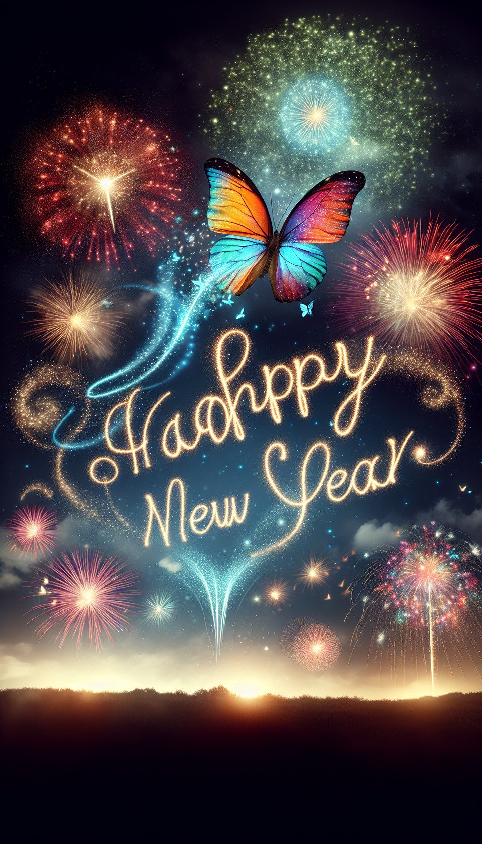 Butterfly leaving trace of Happy New Yearfireworks on sky text effect image