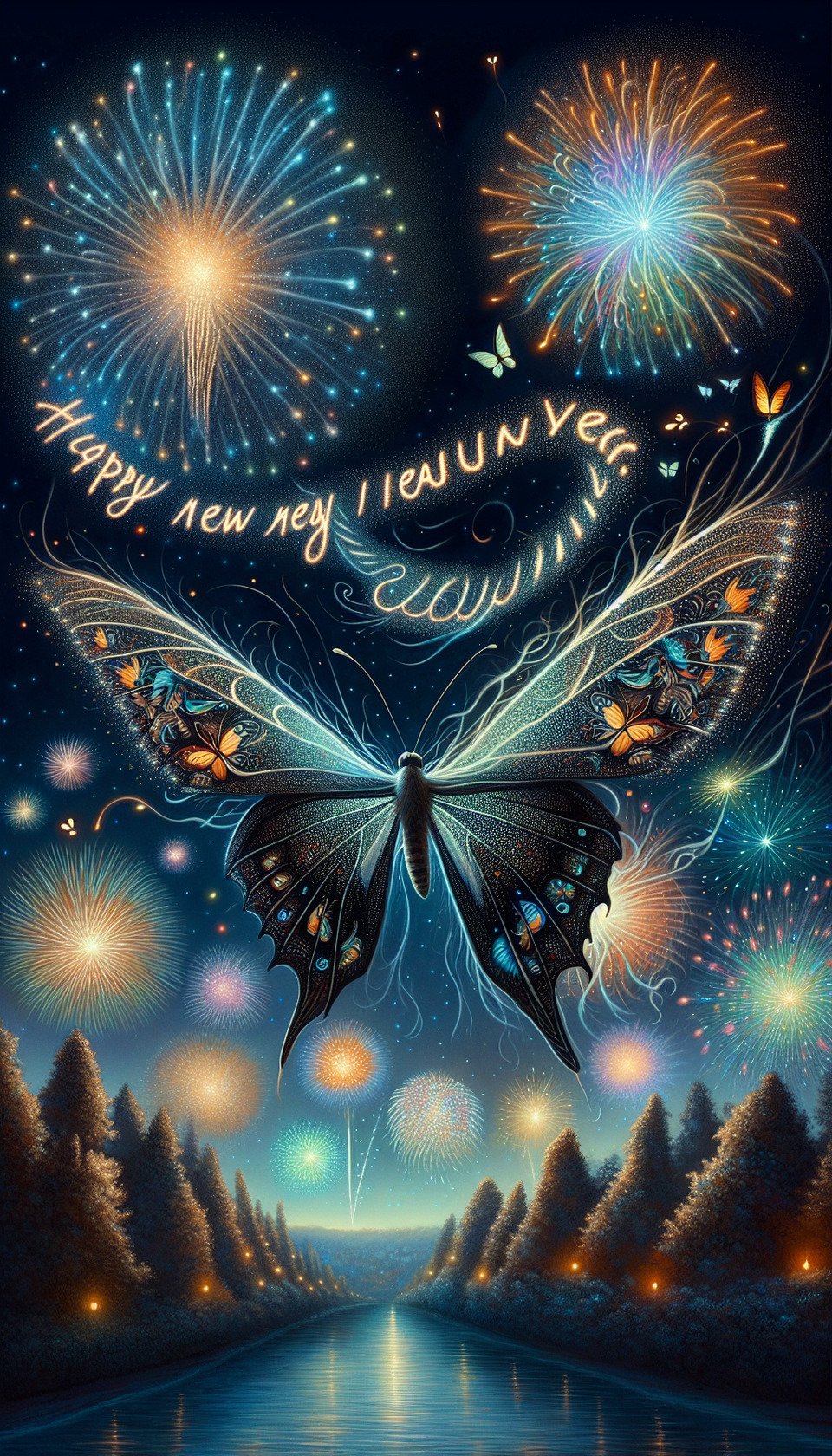 Butterfly leaving trace of Happy New Yearfireworks on sky text effect image
