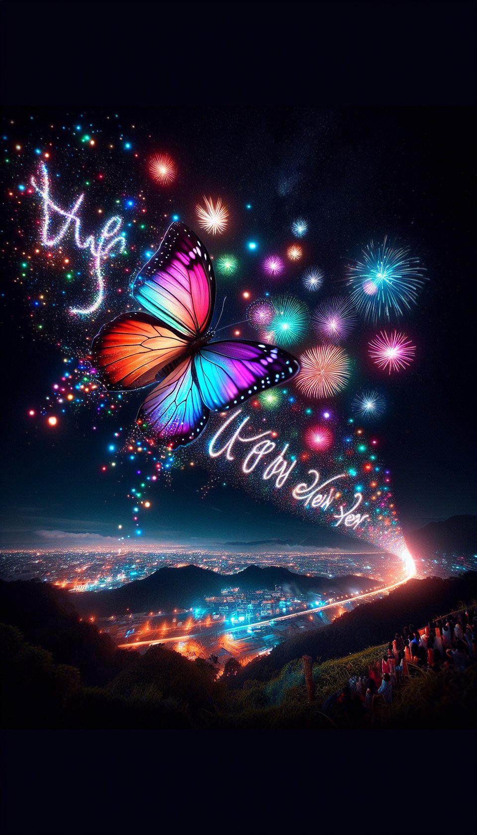 Butterfly leaving trace of Happy New Yearfireworks on sky text effect image