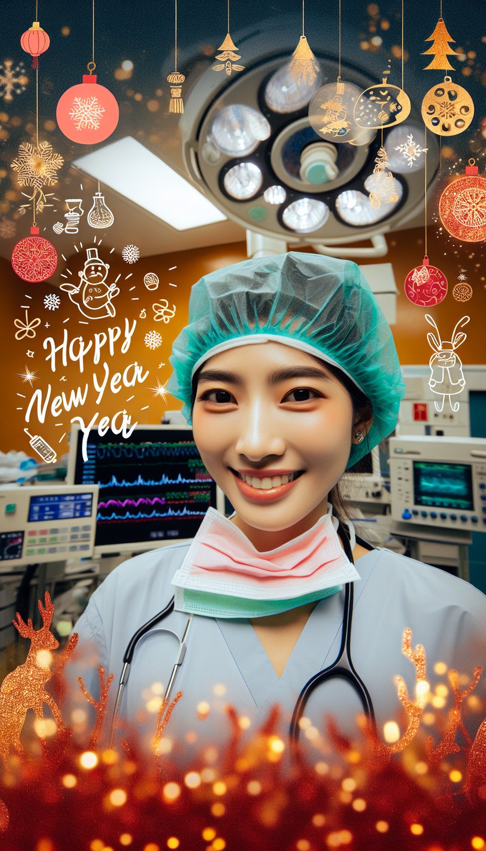AI-generated image for Dr. Shwetha A operation theatre hospital background with A heartfelt Happy New Year greeting! The image features a warm and festive backgroundwith cheerful wishes for joy and prosperity in the upcoming year. It's a thoughtful message from Dr. Shwetha to her friends and familyexpressing gratitude and excitement for the year ahead. text effect image