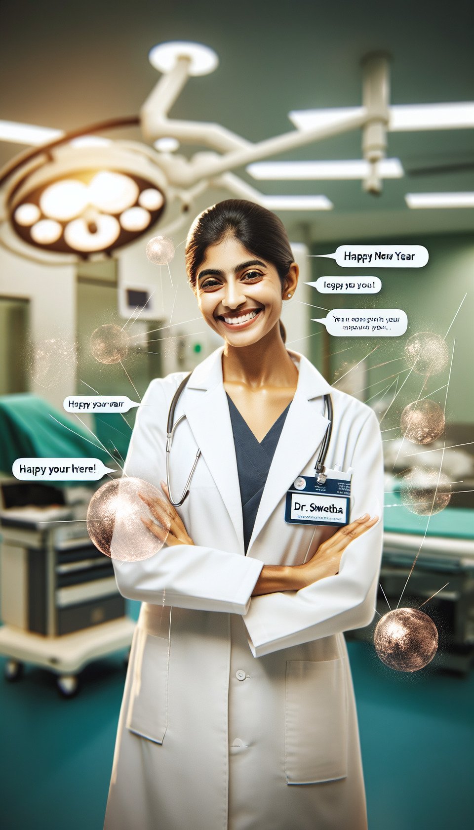 AI-generated image for Dr. Shwetha A heartfelt Happy New Year greeting! The image features a operation theatre hospital backgroundwith cheerful wishes for joy and prosperity in the upcoming year. It's a thoughtful message from Dr. Shwetha to her friends and familyexpressing gratitude and excitement for the year ahead. text effect image