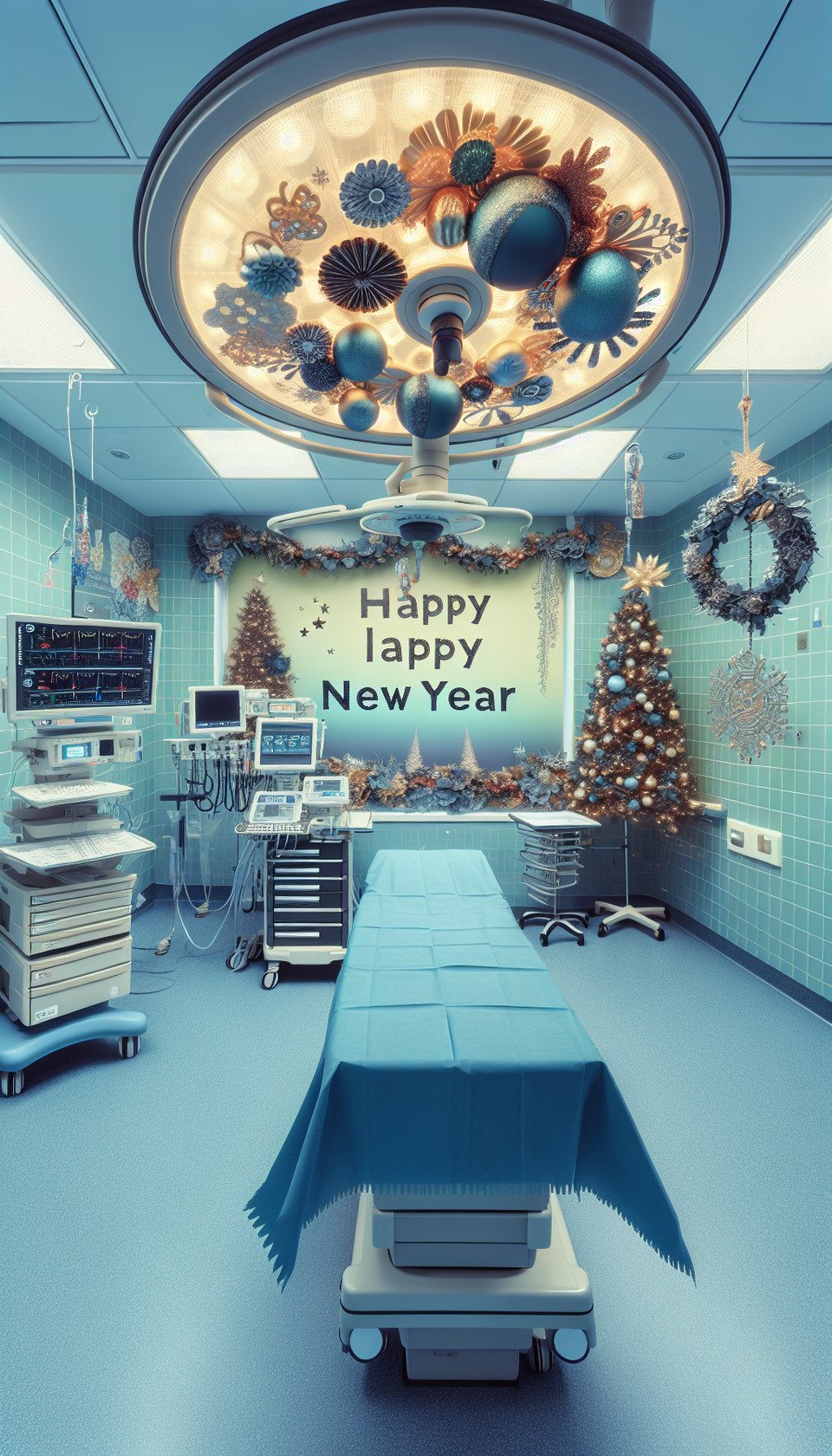 AI-generated image. A heartfelt Happy New Year greeting! The image features a operation theatre hospital background without people imagewith cheerful wishes for joy and prosperity in the upcoming year. It's a thoughtful message to her friends and familyexpressing gratitude and excitement for the year ahead. text effect image