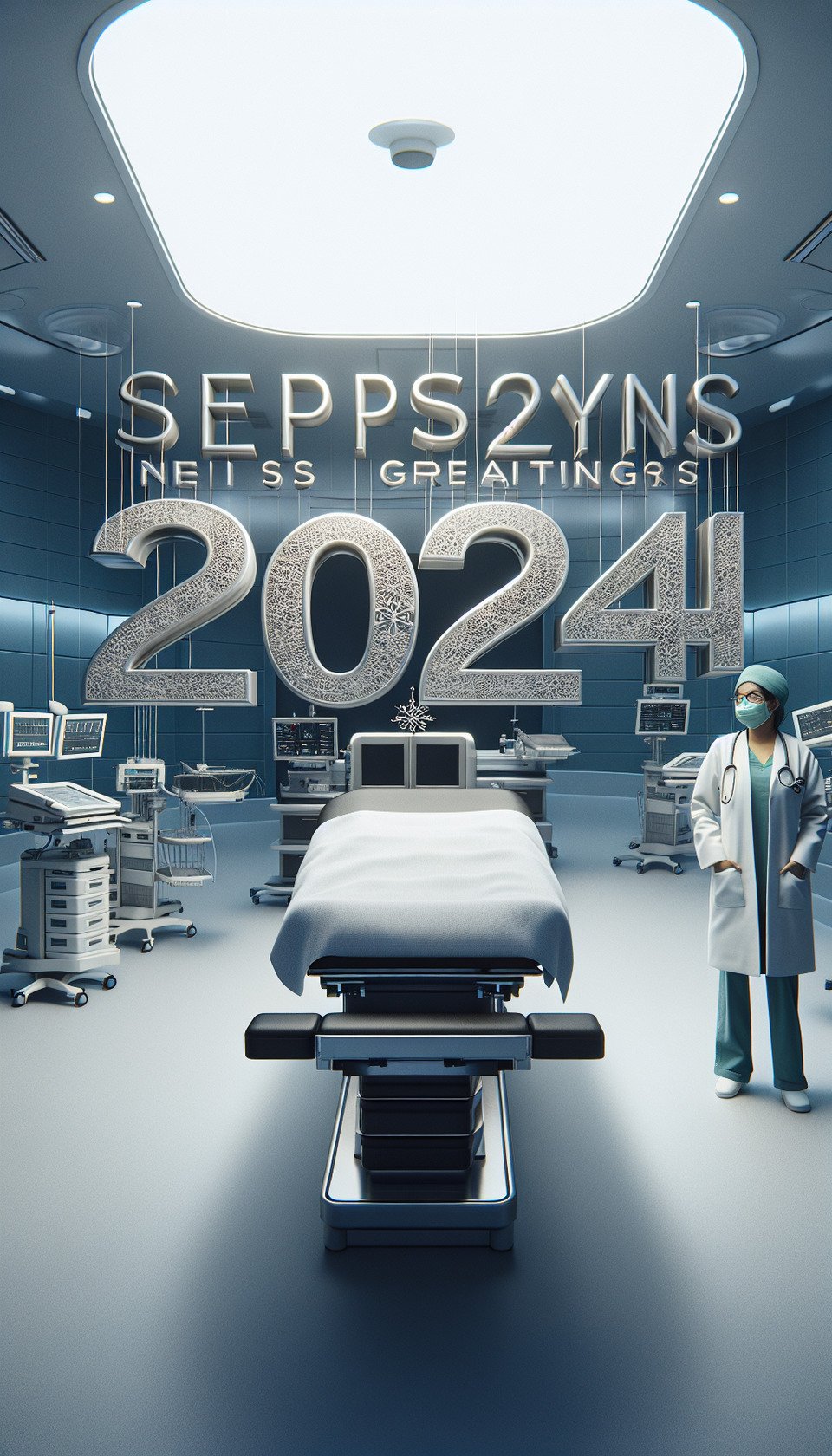 Season's Greetings and Happy New Year 2024: The phrase is elegantly displayed in 3D text against the backdrop of a hospital operation theatre. Dr. S. Shwetha extends warm wishes from the heart of healthcareblending the spirit of the festive season with the dedication of the medical profession. The background features the sterile yet essential environment of the operation theatresymbolizing hopehealingand a prosperous new year ahead without shwetha image. text effect image