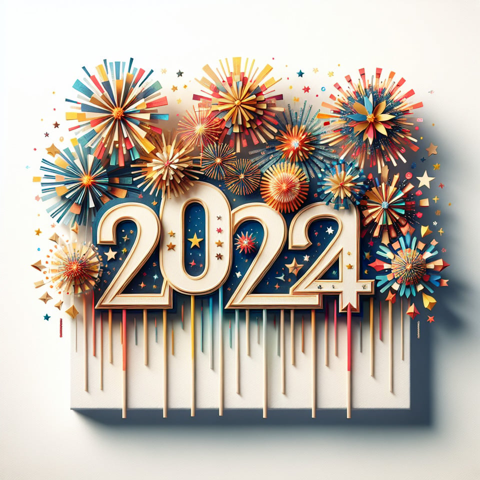 Happy new year text 2024 lettering with fireworks on white background text effect image