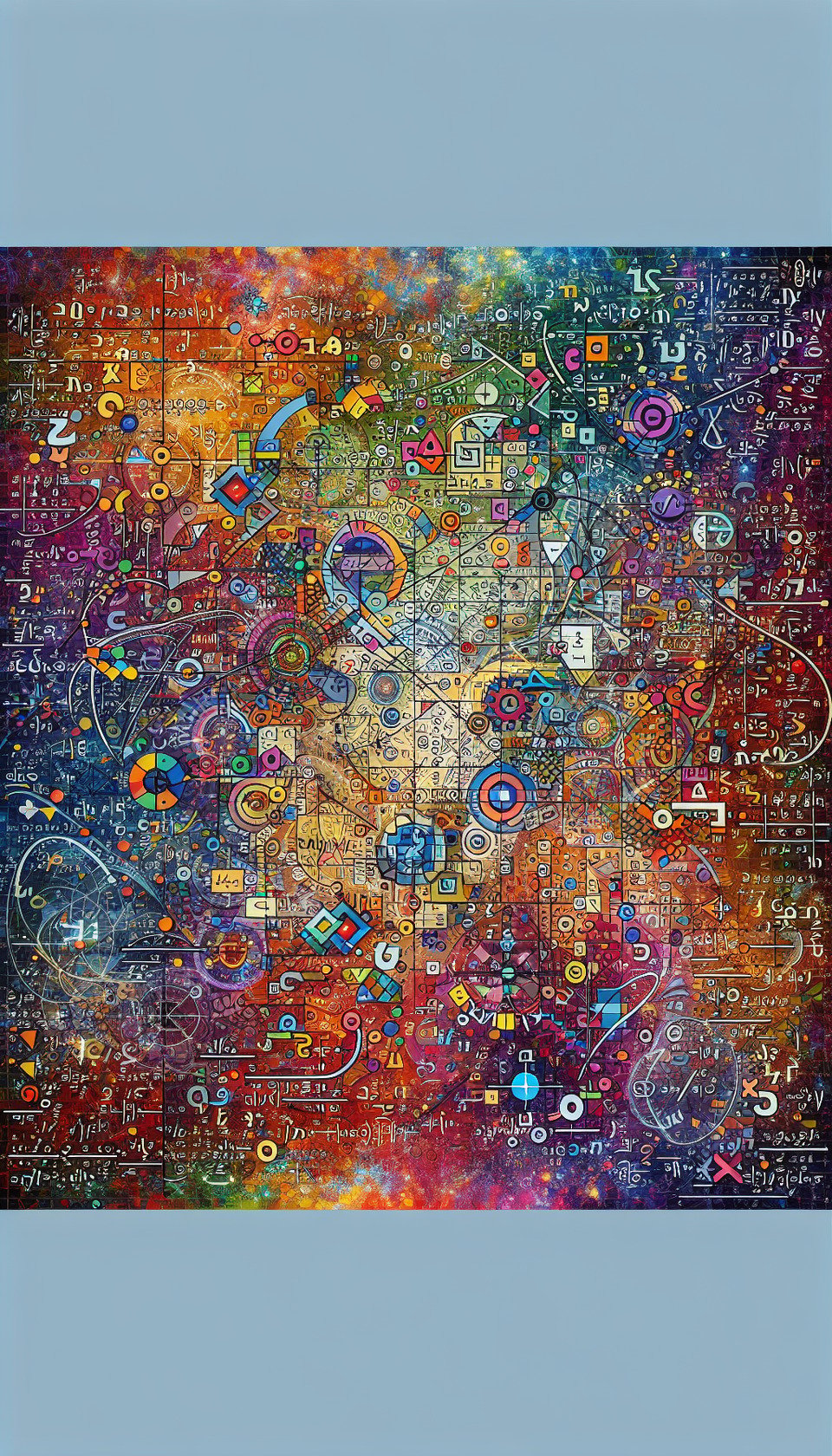 AI-generated image: A vibrant full-page composition with The background is filled with colorful mathematics symbols and formulascreating an immersive and dynamic atmosphere is elegantly integrated with the diverse array of symbolsforming a visually appealing and educational design. The lively colors and intricate details bring a sense of creativity to the mathematical theme. text effect image