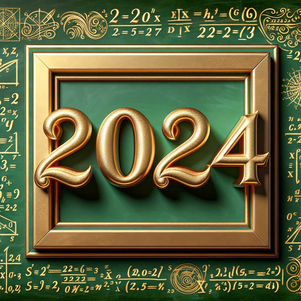 text 2024 golden luxury text effect within a square box Background Green Board with Maths Formulas text effect image