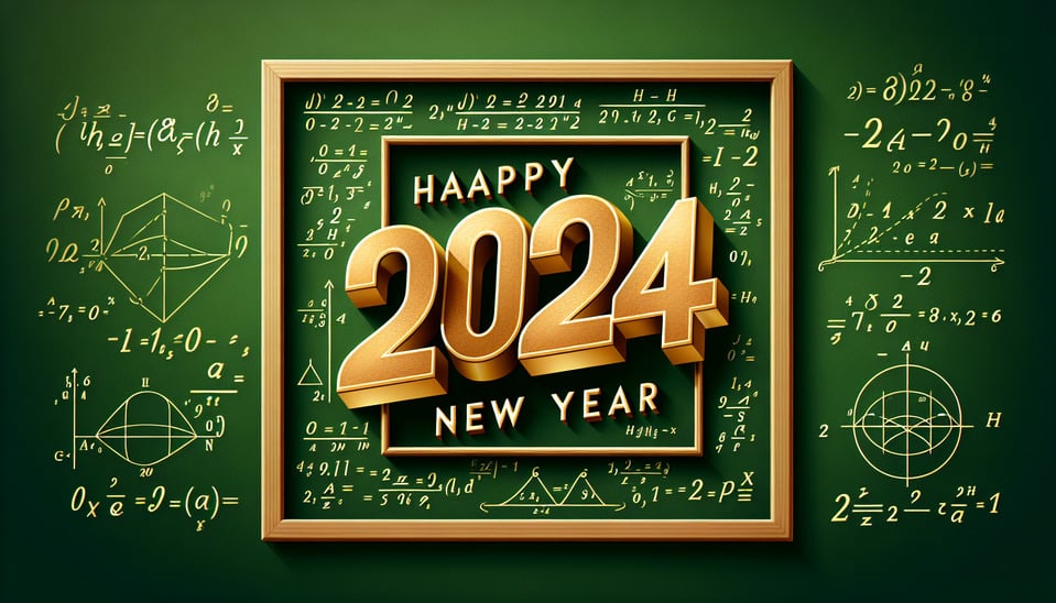 text Happy New Year 20024 golden luxury text effect within a square box Background Green Board with Maths Formulas text effect image
