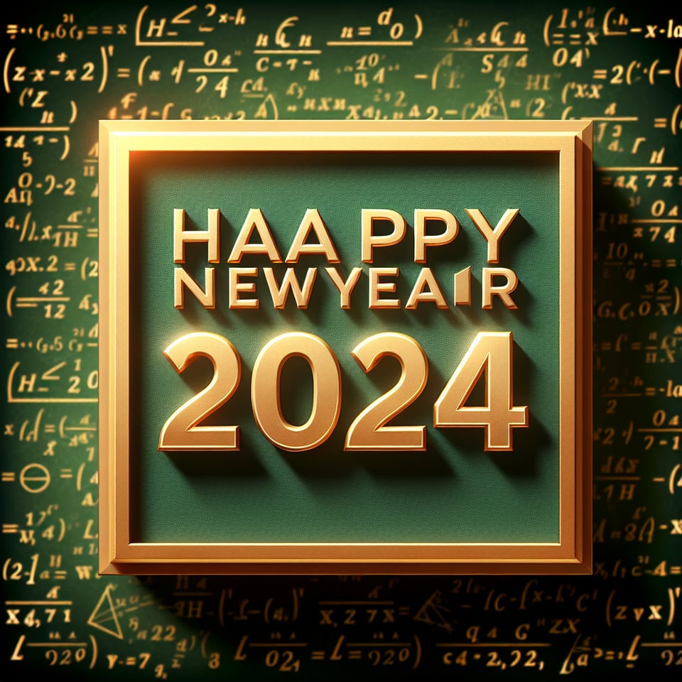 text Happy New Year 20024 golden luxury text effect within a square box Background Green Board with Maths Formulas text effect image