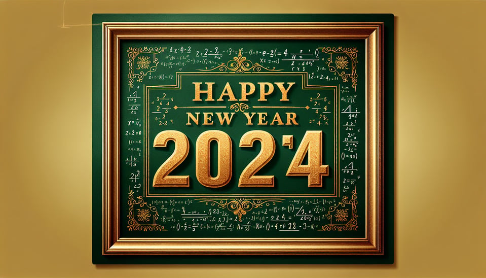 text Happy New Year 20024 golden luxury text effect within a square box Background Green Board with frame and Maths Formulas text effect image