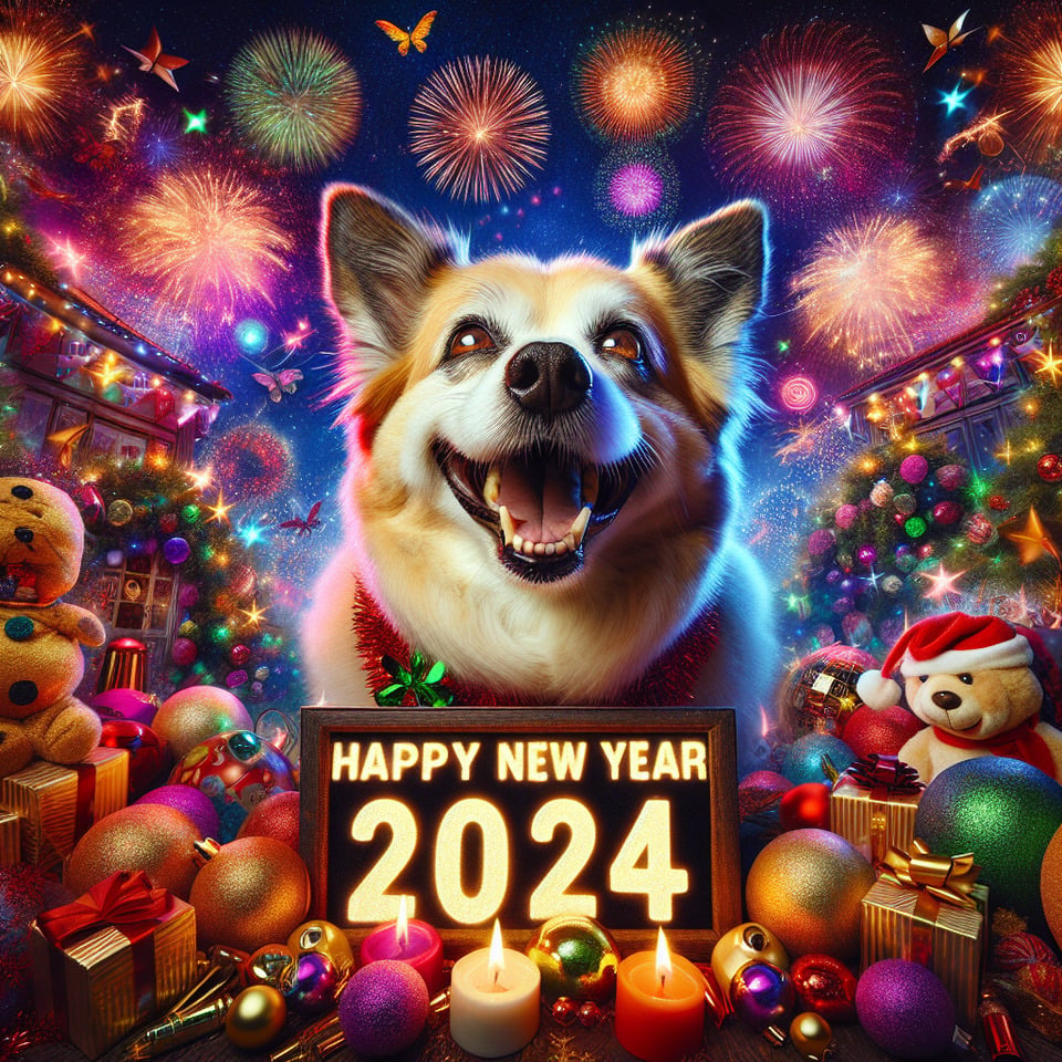 dog Happy New Year 2024 text effect image