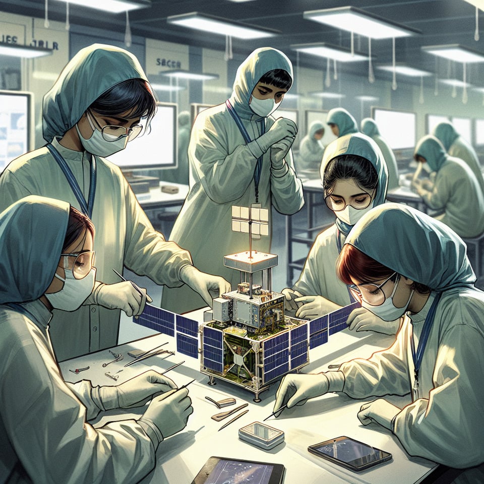 Indian school students 2 girls and 2 boys working 1U cubesat size 10cm x 10cm x 10cm in clean room text effect image