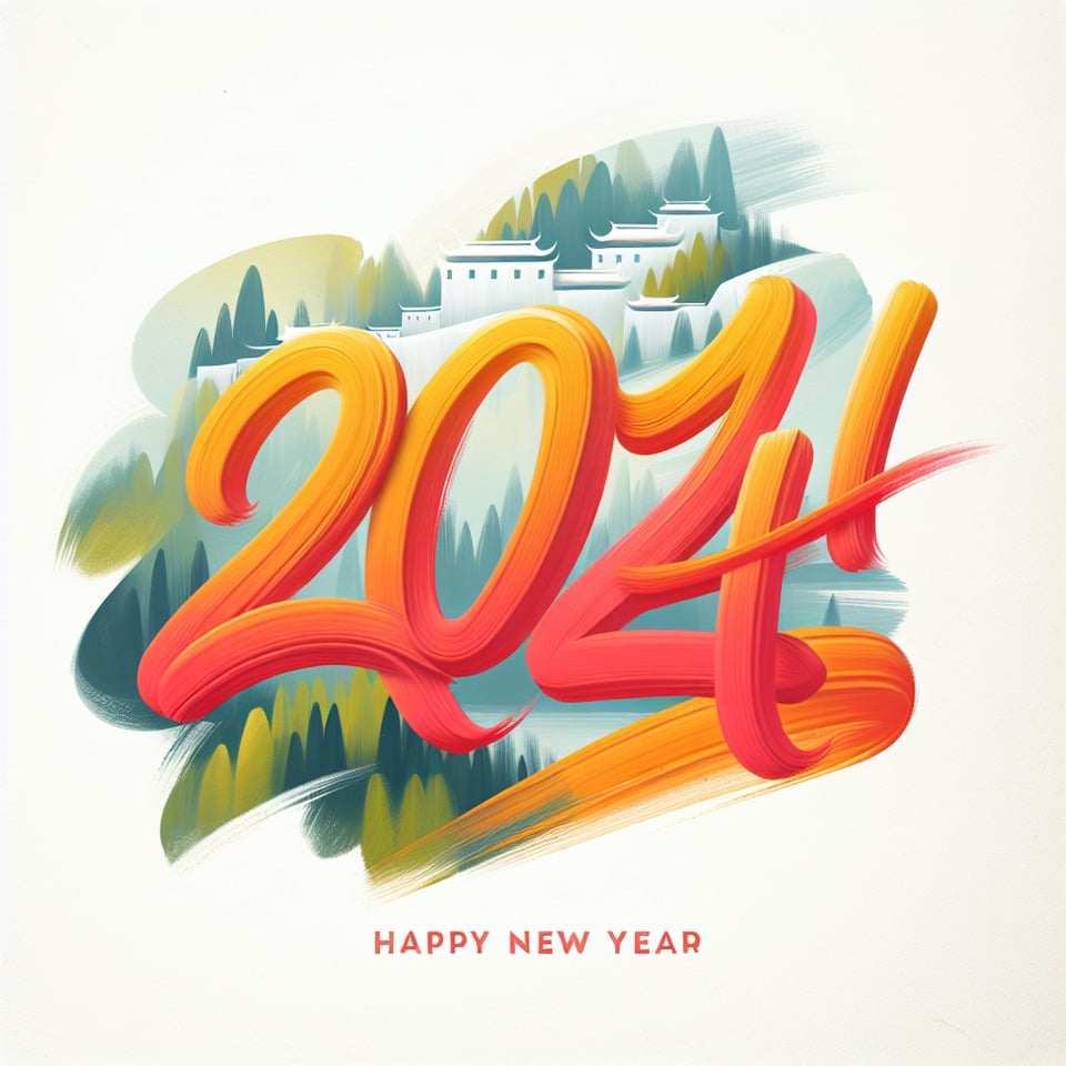 Colorful brushstroke paint lettering calligraphy of text 2024 happy new year renu sri background on white background text effect image