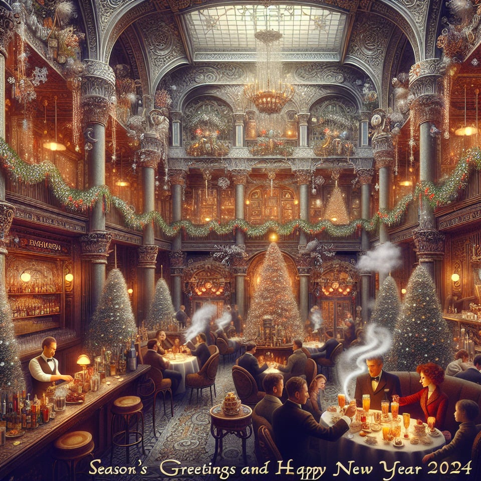 Season's Greetings and Happy New Year 2024: The phrase is elegantly displayed against the backdrop of a restaurant text effect image