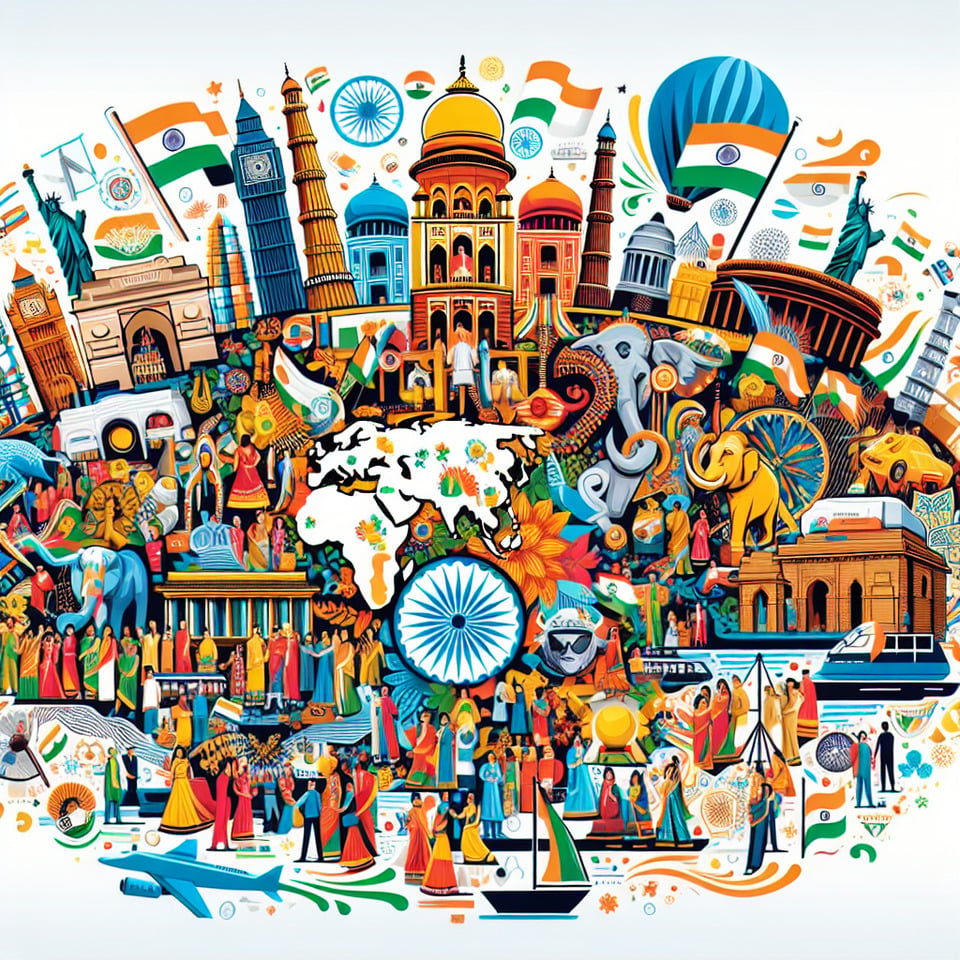 Generate an AI image capturing the spirit of Pravasi Bhartiya Diwas (NRI Day). Illustrate the global connectionscultural diversityand the shared experiences of the Indian diaspora. Consider incorporating elements such as traditional symbolsflagsand landmarks that symbolize the bond between Non-Resident Indians and their roots. Let your creativity showcase the significance of this day in fostering connections and celebrating the contributions of the Indian diaspora worldwide. text effect image