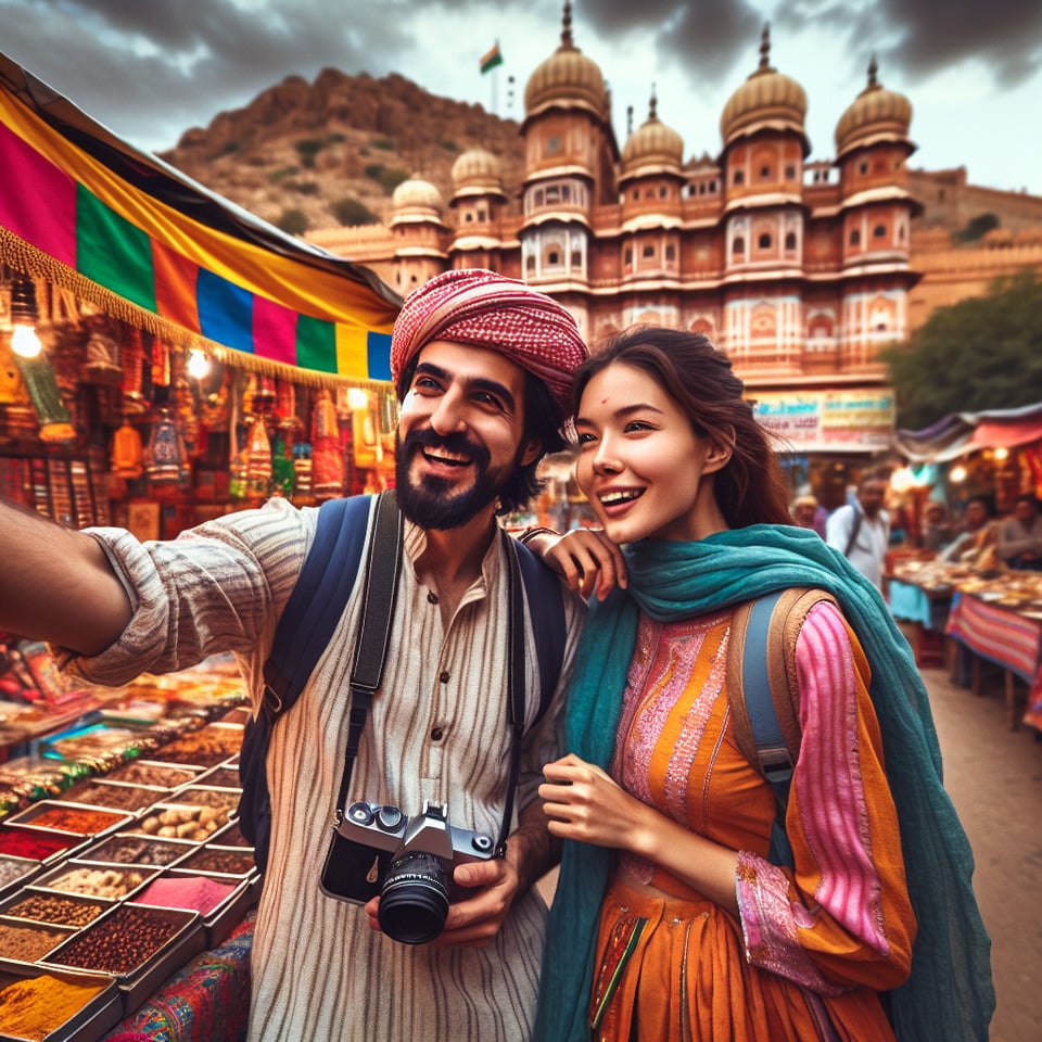 COUPLE ENJOYING TOURISIM IN INDIA text effect image