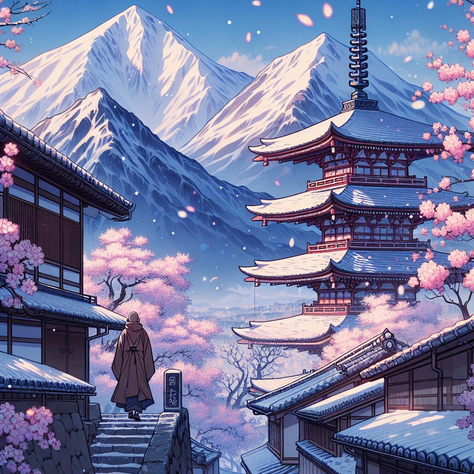 Text Winter Timethe background is a Japanese mountainscherry blossoms are blooming around the pagodacherry blossom petals are flying in the aira monk is walking on the streetJapanese anime style text effect image