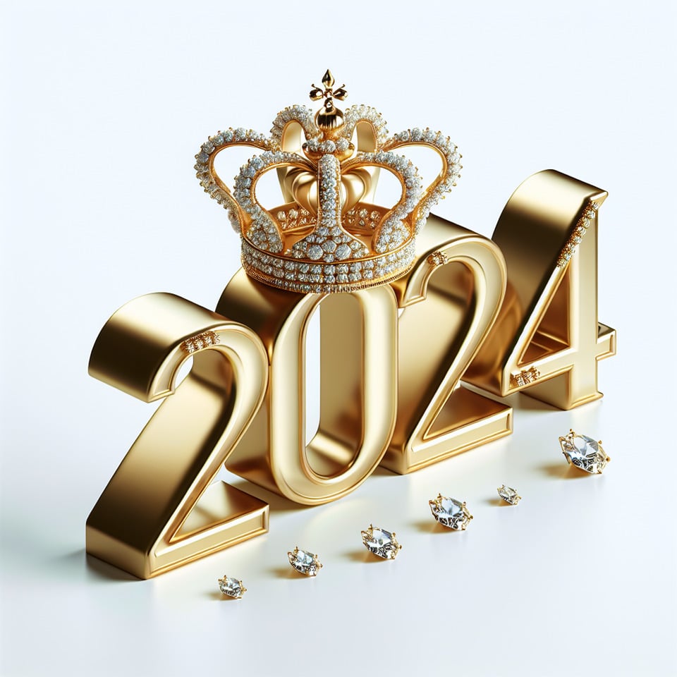 text 2024 golden luxury text effect with crown and diamond on white background text effect image