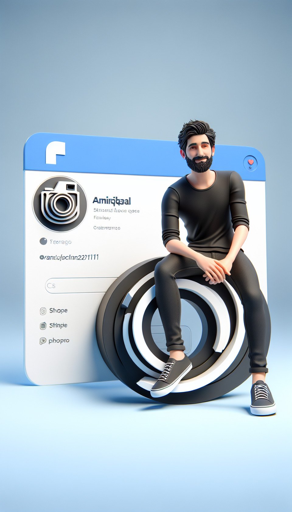 Create a 3d illustration of an character sitting casually on top of social media logo Instagram. The character must have small very beard and wear casual clothes such as black jeanst-shirt and shoes. The background of the image is social media profile page with user name amiriqbal2111 and a profile picture that matches with the character. text effect image