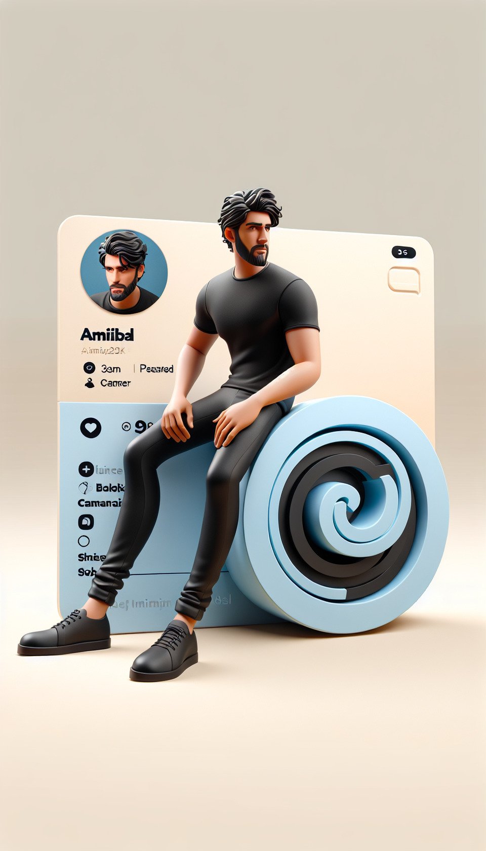 Create a 3d illustration of an character sitting casually on top of social media logo Instagram. The character must have small very beard and wear casual clothes such as black jeanst-shirt and shoes. The background of the image is social media profile page with user name amiriqbal2111 and a profile picture that matches with the character. text effect image