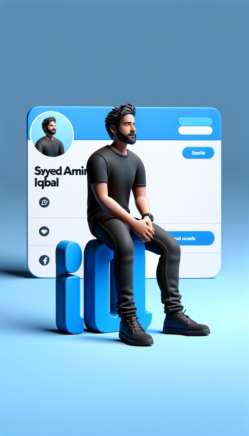 Create a 3d illustration of an character sitting casually on top of social media logo Linkedin. The character must have small very beard and wear casual clothes such as black jeanst-shirt and shoes. The background of the image is social media profile page with user name Syed Amir Iqbal and a profile picture that matches with the character. text effect image