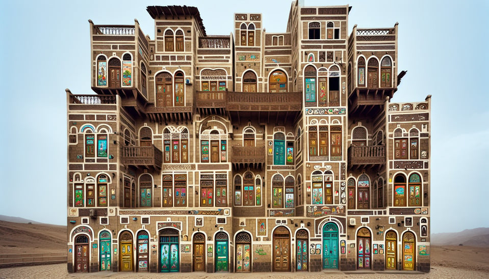 House of Old SanaaYemendoors made of cartoonsvery high resolution text effect image