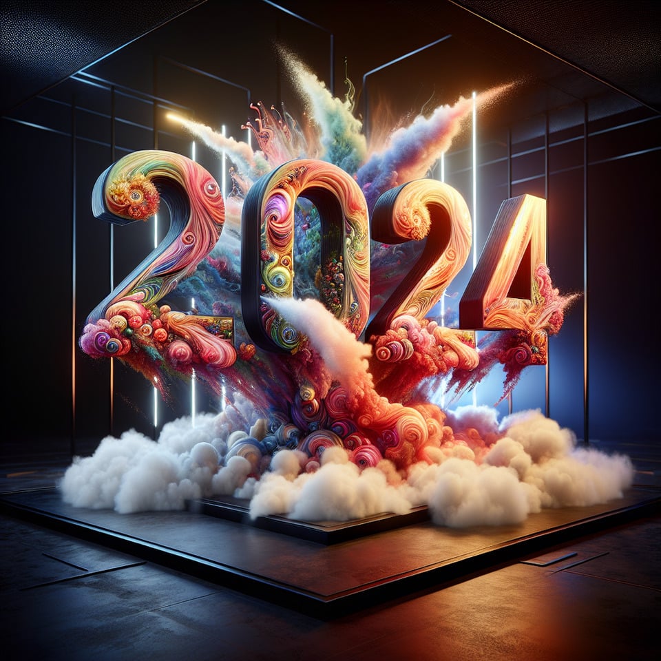 Text 2024 colorful splash 3d text and smoky background text effect image