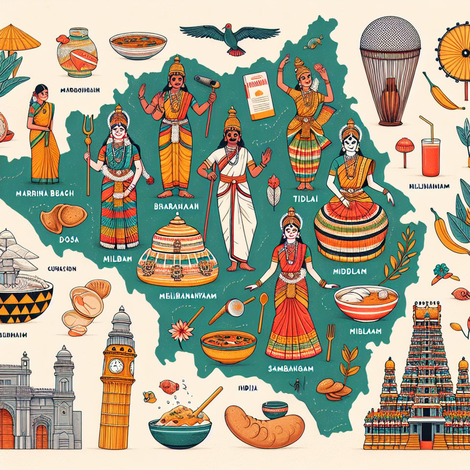 iIllustration of tAMILnADU with its culture text effect image