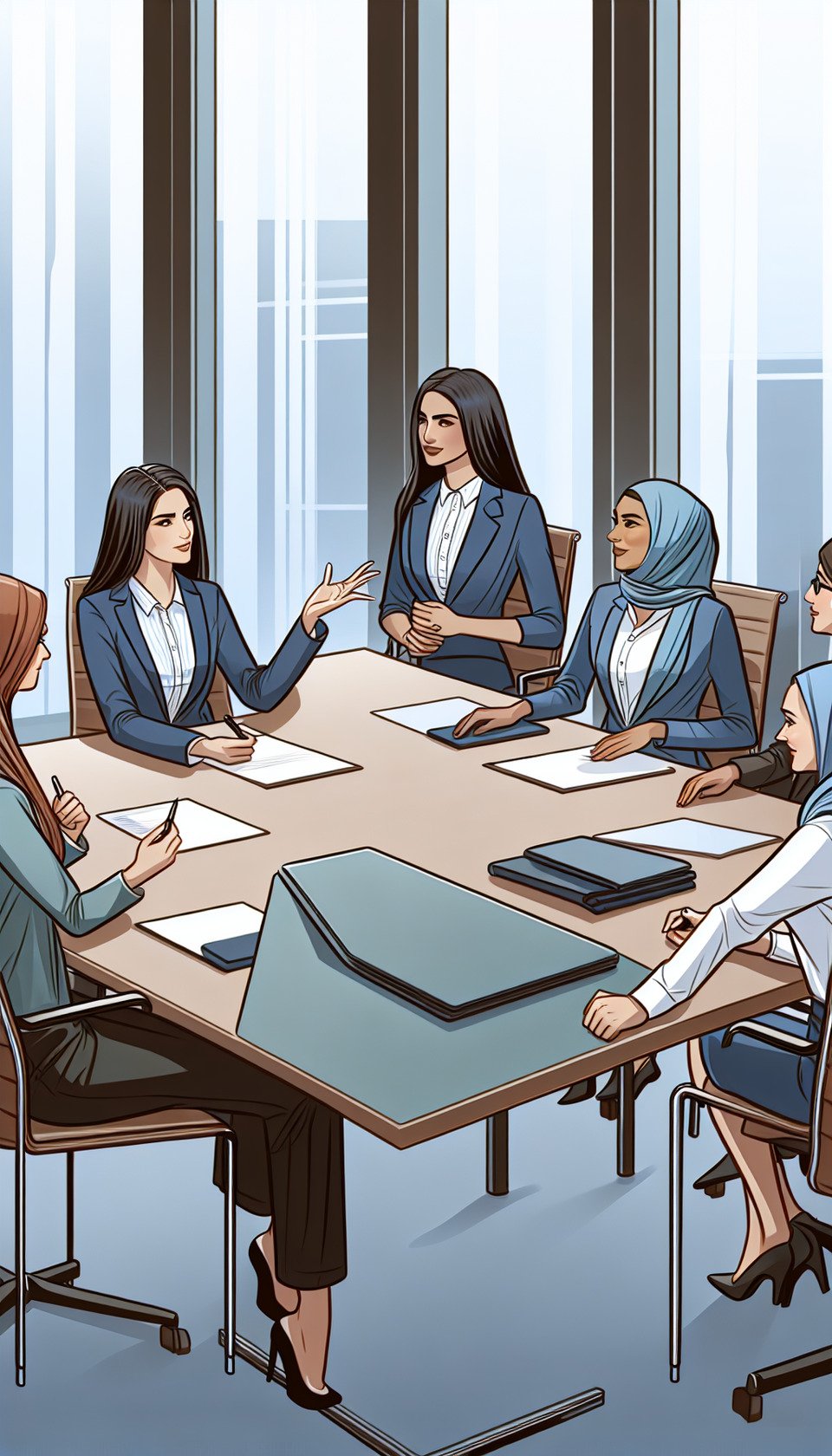 Communication skills in workplace for women. Boardroom meeting text effect image