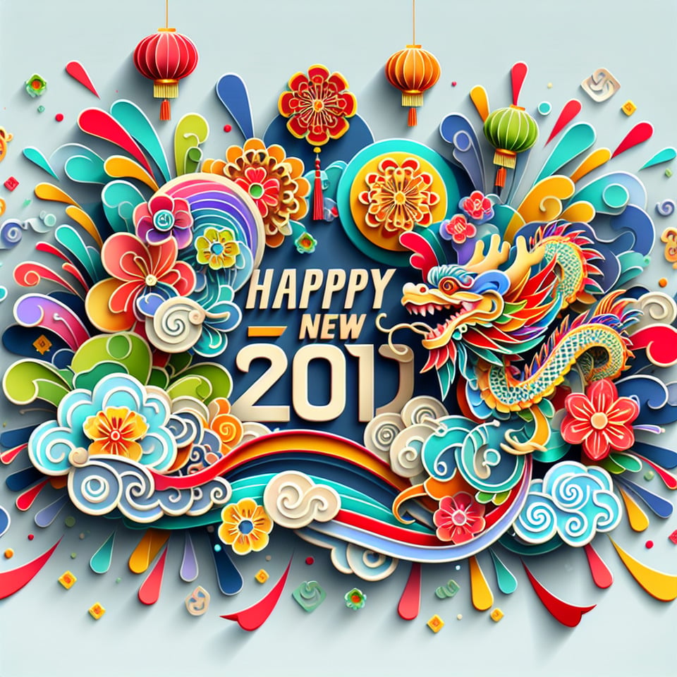 文字“新年快樂”彩色飛濺 3D 文字和中國剪紙風格背景,細膩畫風,有Q版中國龍,煙火和緞帶,燈籠,鮮花 text effect image