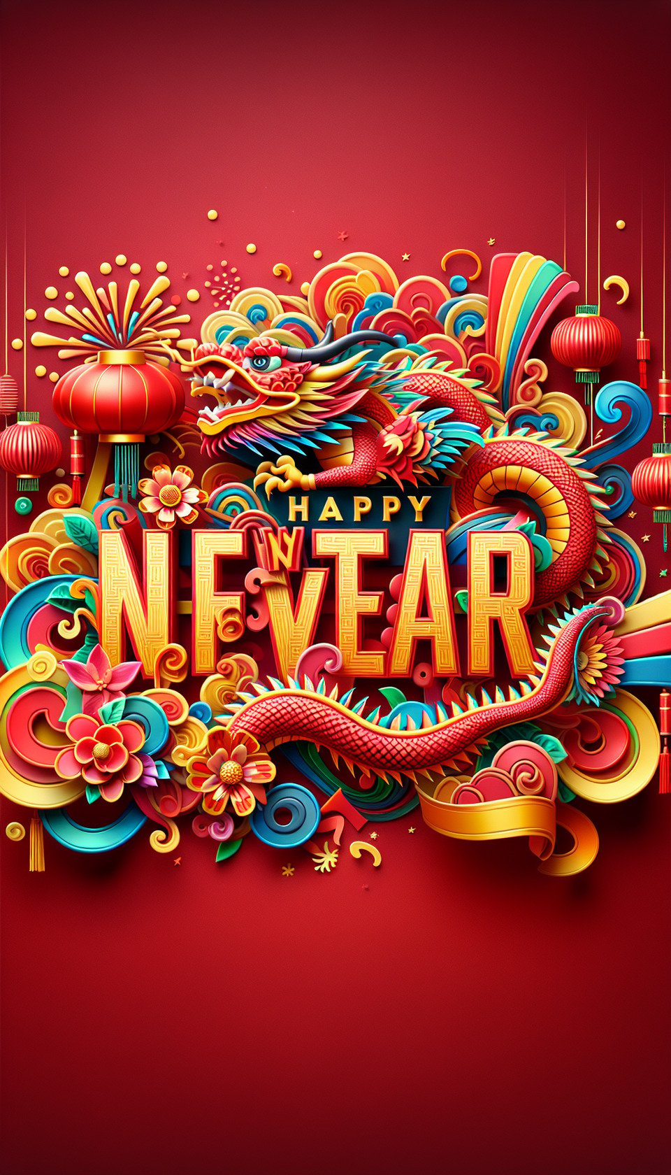 文字“Happy New Year”彩色飛濺 3D 文字和中國剪紙風格紅色,金色背景,細膩畫風,有Q版中國龍,煙火和緞帶,燈籠,鮮花 text effect image