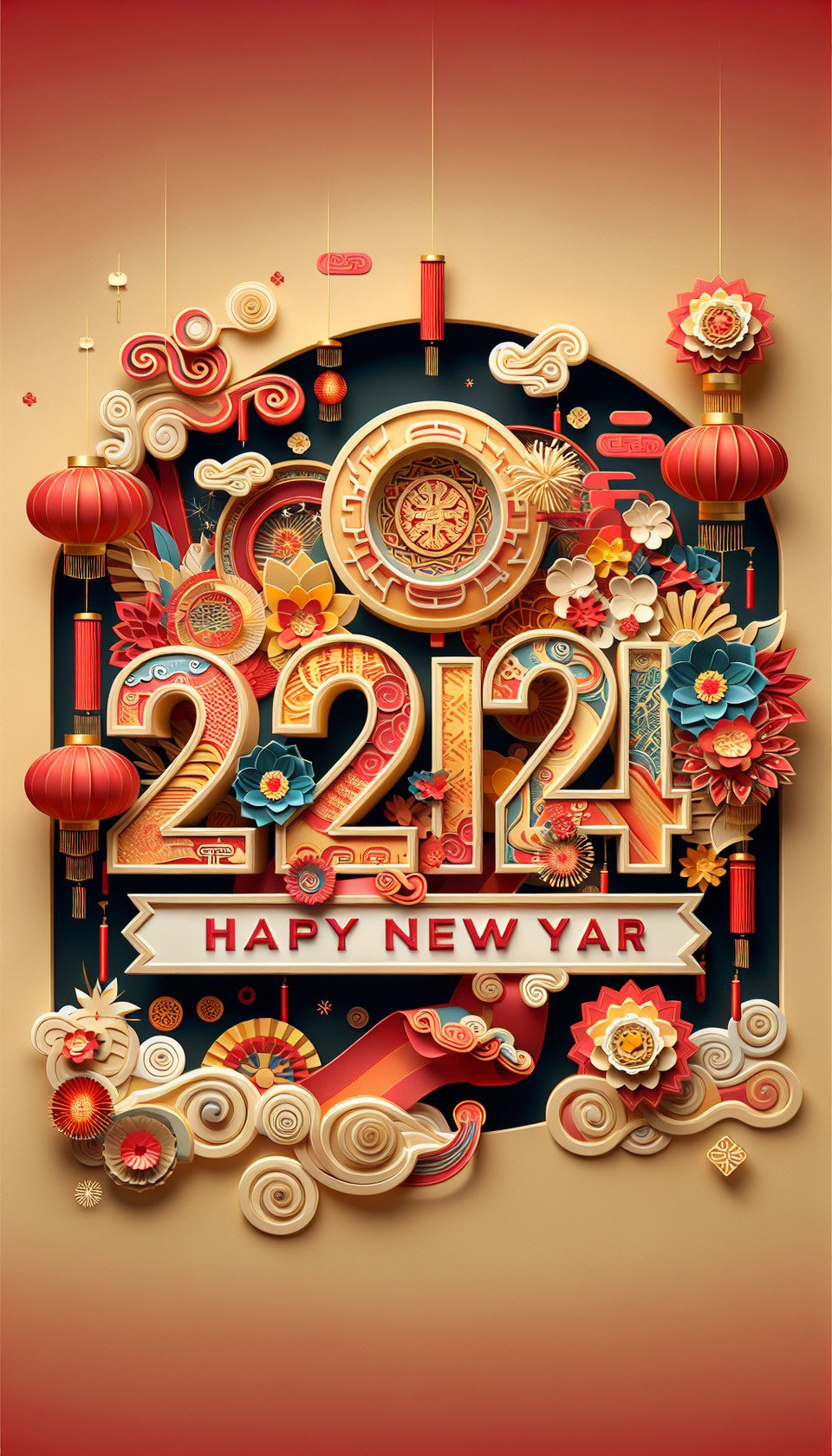 文字“2024”和Happy New Year彩色3D 文字,中國剪紙風格,紅色與金色背景,細膩中國畫風,有煙火和緞帶,燈籠,鮮花 text effect image