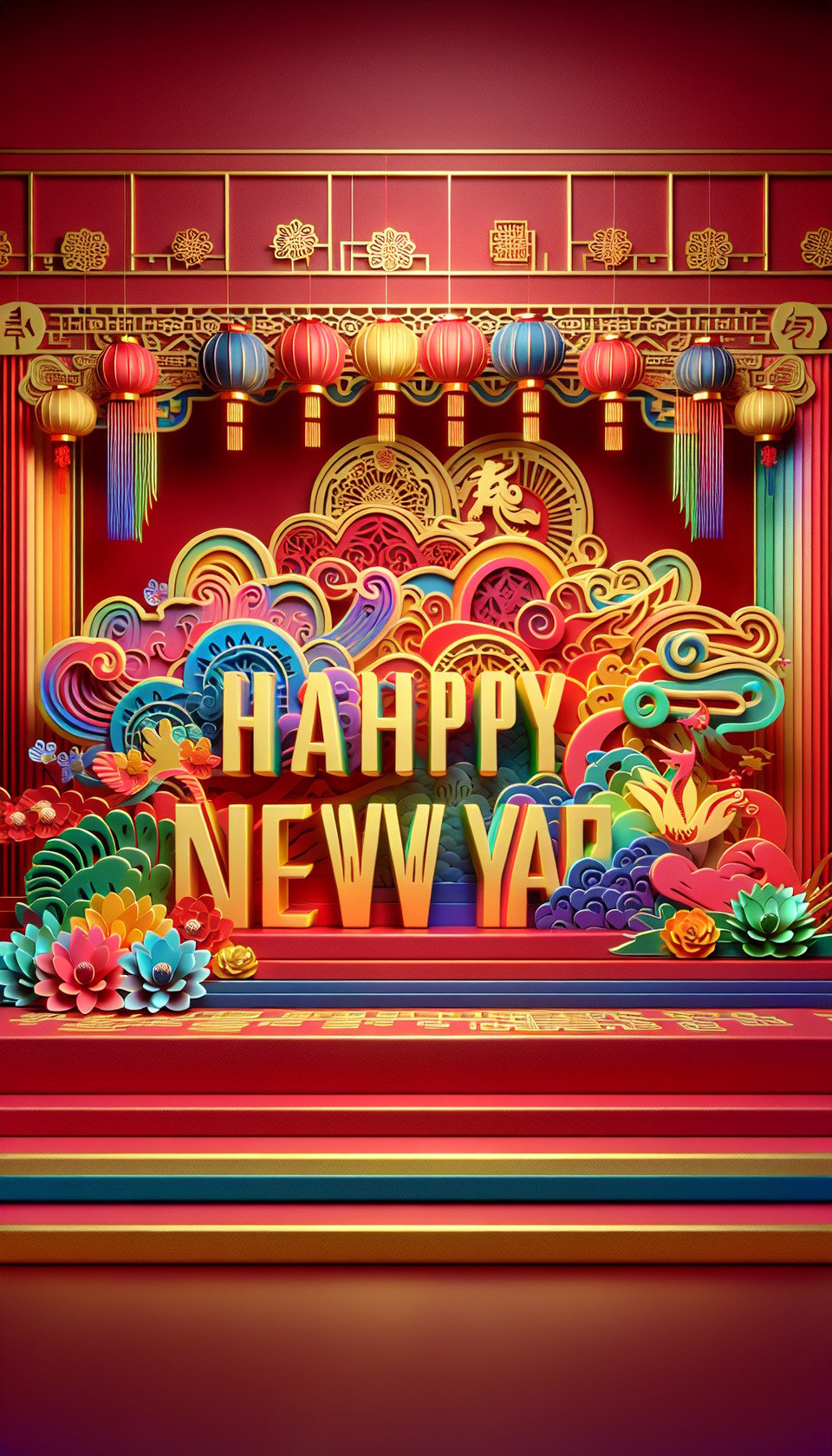 文字Happy New Year彩色3D 文字,中國剪紙風格,紅色與金色背景,細膩中國畫風,有煙火和緞帶,燈籠,鮮花 text effect image