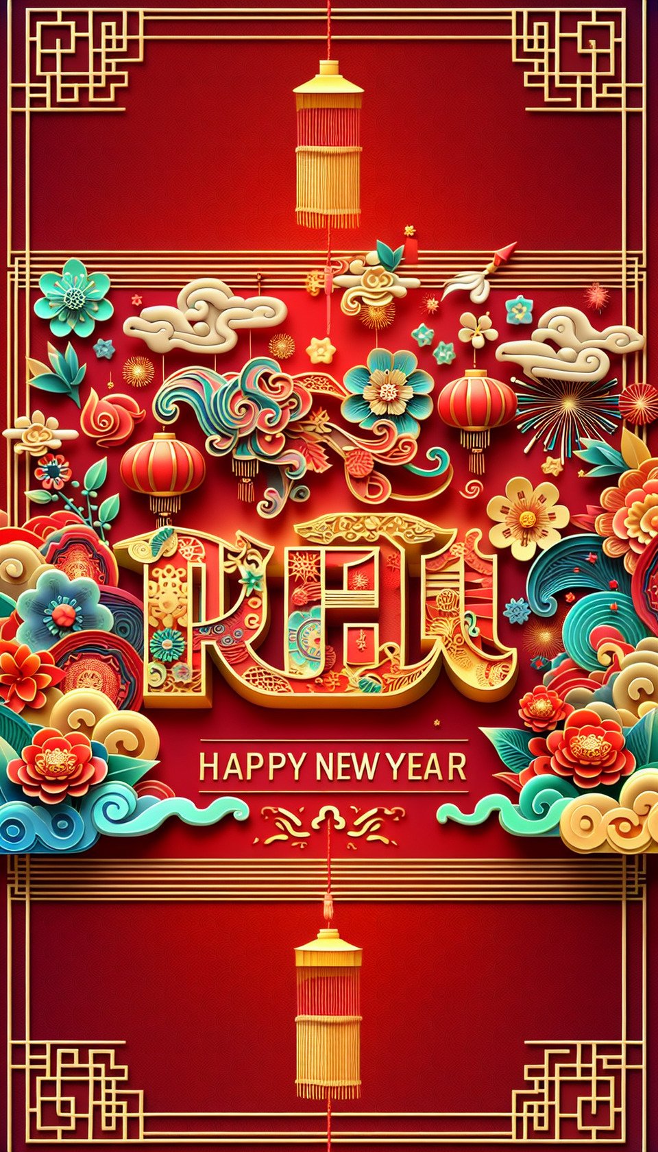 文字Happy New Year彩色3D 文字,中國剪紙風格,紅色與金色背景,細膩中國畫風,有煙火,雲彩,燈籠,鮮花 text effect image